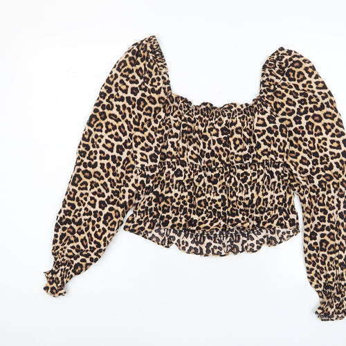H&M Womens Brown Animal Print Viscose Basic Blouse Size L Square Neck