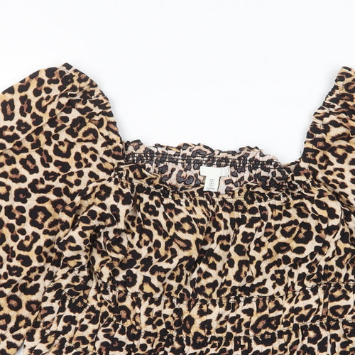 H&M Womens Brown Animal Print Viscose Basic Blouse Size L Square Neck