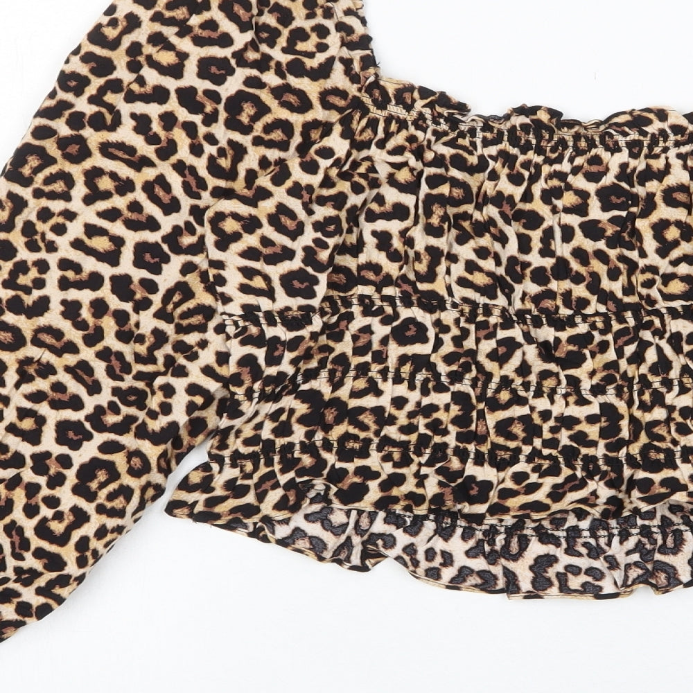 H&M Womens Brown Animal Print Viscose Basic Blouse Size L Square Neck