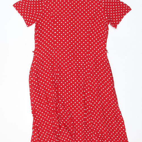 Marks and Spencer Womens Red Polka Dot Viscose A-Line Size 14 Collared Button - Pockets