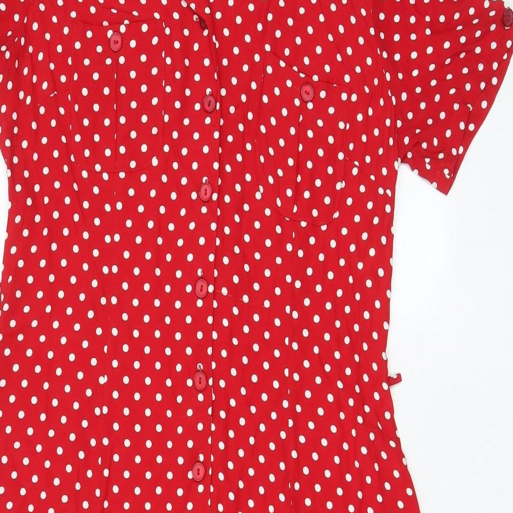 Marks and Spencer Womens Red Polka Dot Viscose A-Line Size 14 Collared Button - Pockets