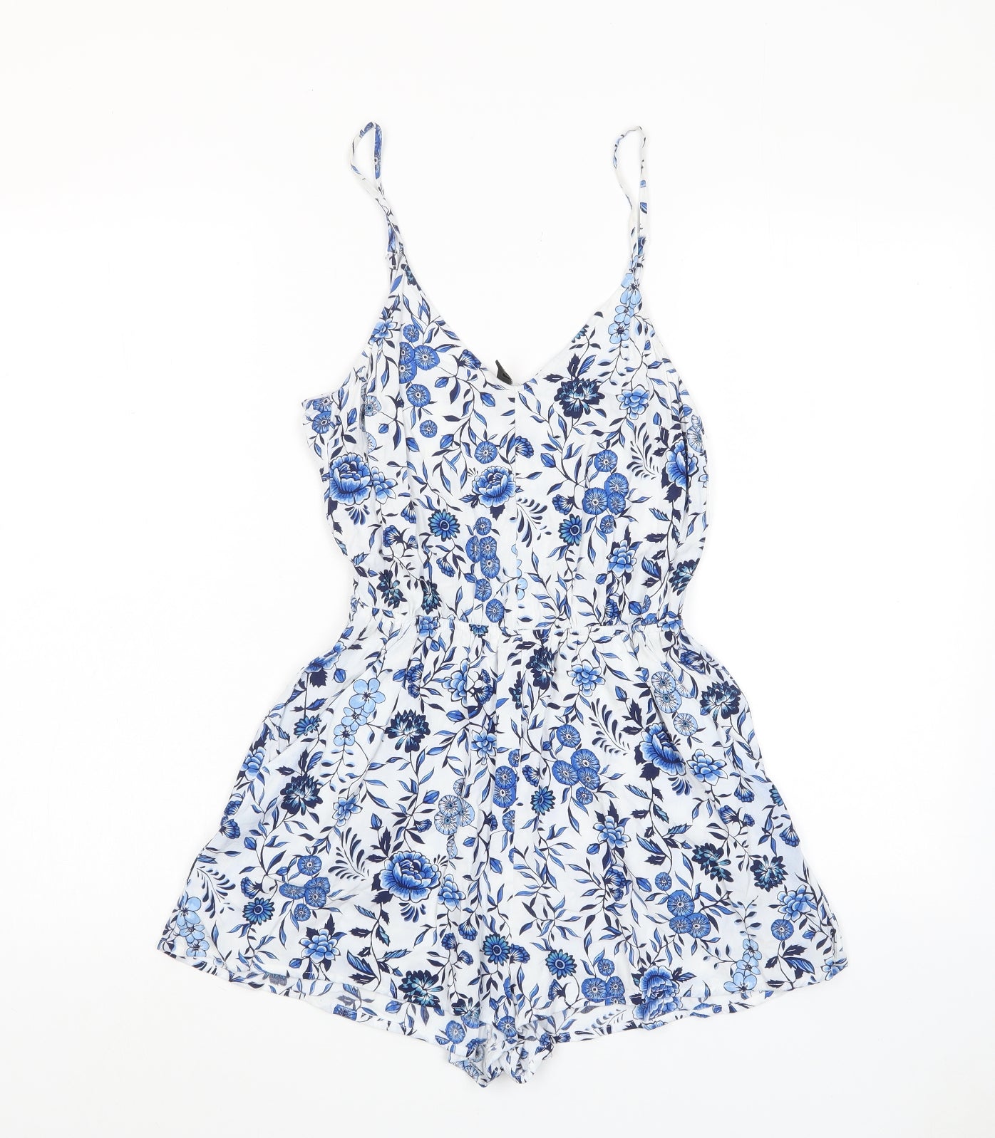 H&M Womens Blue Floral Viscose Playsuit One-Piece Size 6 Pullover