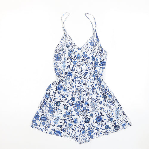 H&M Womens Blue Floral Viscose Playsuit One-Piece Size 6 Pullover