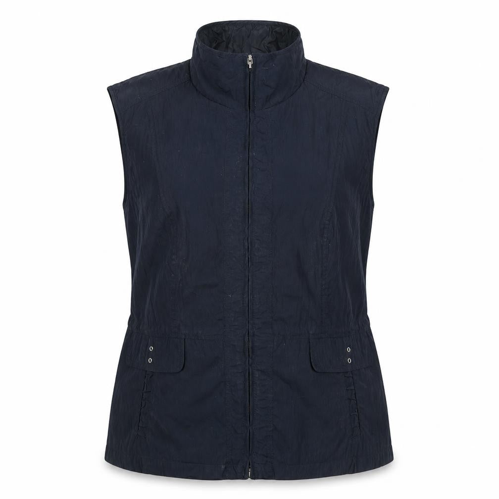 Front view of Barbara Lebek women’s blue gilet jacket, size UK 16, zip