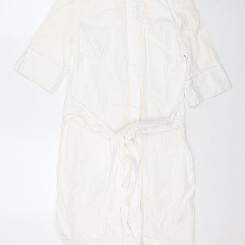 Warehouse Womens White Cotton Shirt Dress Size 10 Collared Button - Belted