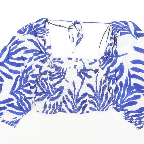 H&M Womens Blue Floral Viscose Cropped Blouse Size M Square Neck - Shirred