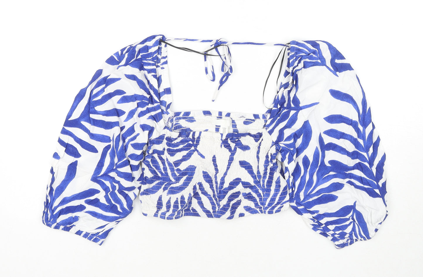 H&M Womens Blue Floral Viscose Cropped Blouse Size M Square Neck - Shirred
