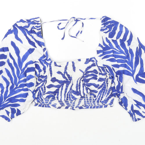 H&M Womens Blue Floral Viscose Cropped Blouse Size M Square Neck - Shirred