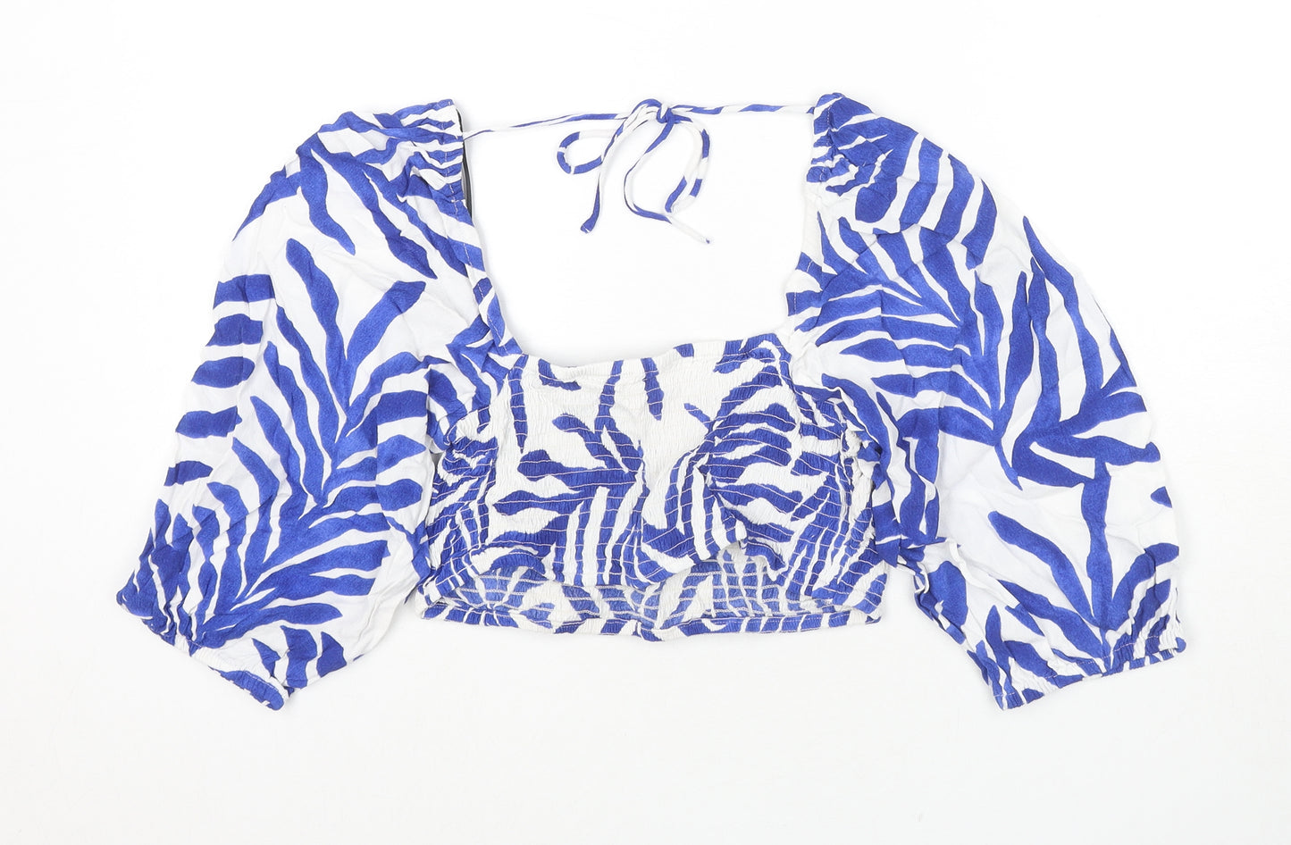 H&M Womens Blue Floral Viscose Cropped Blouse Size M Square Neck - Shirred