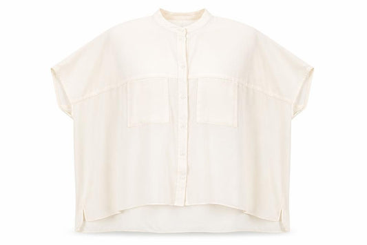 Front view of ASOS women’s ivory polyester basic button-up, size UK 6, round neck - sheer