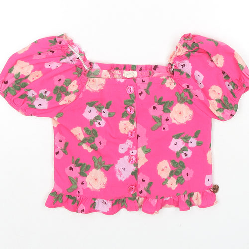 Angel & Rocket Girls Pink Floral Polyester Basic Blouse Size 8 Years Square Neck Pullover - Button Detail