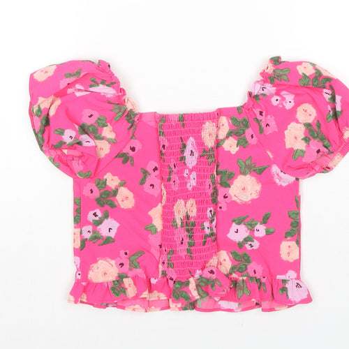 Angel & Rocket Girls Pink Floral Polyester Basic Blouse Size 8 Years Square Neck Pullover - Button Detail