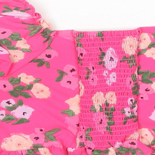 Angel & Rocket Girls Pink Floral Polyester Basic Blouse Size 8 Years Square Neck Pullover - Button Detail
