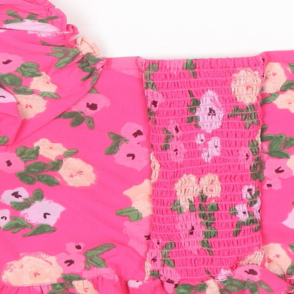 Angel & Rocket Girls Pink Floral Polyester Basic Blouse Size 8 Years Square Neck Pullover - Button Detail