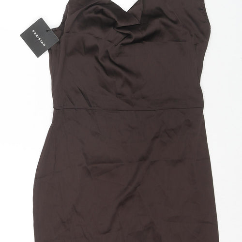 PARISIAN SIGNATURE Womens Brown Polyester Slip Dress Size 12 Cowl Neck Zip