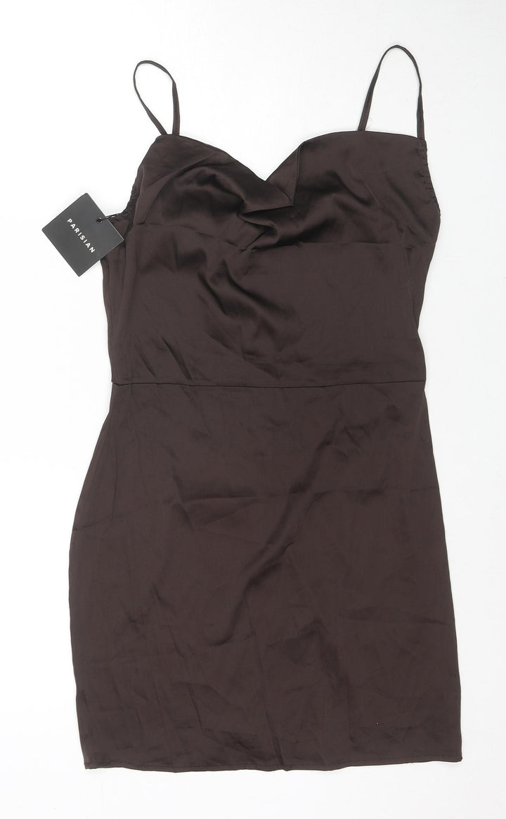 PARISIAN SIGNATURE Womens Brown Polyester Slip Dress Size 12 Cowl Neck Zip