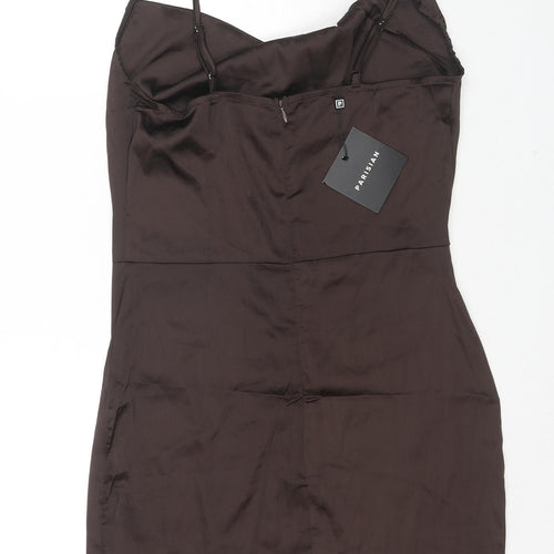 PARISIAN SIGNATURE Womens Brown Polyester Slip Dress Size 12 Cowl Neck Zip