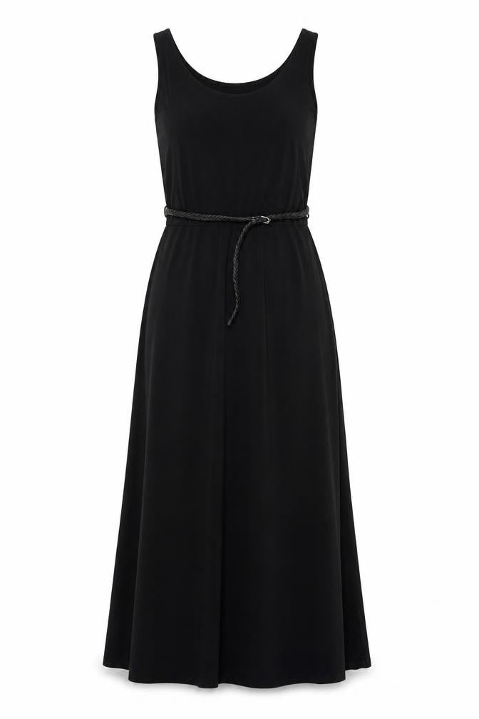 Front view of Cristina B. women’s black polyester maxi, size S, round neck pullover - belted