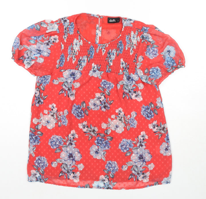 Dotti Womens Red Polka Dot Polyester Basic Blouse Size 8 Round Neck - Flowers