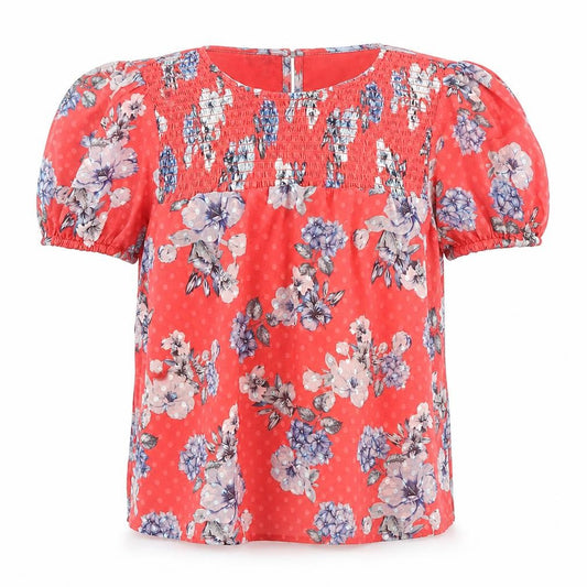 Front view of Dotti women’s red polka dot polyester basic blouse, size UK 8, round neck - flowers