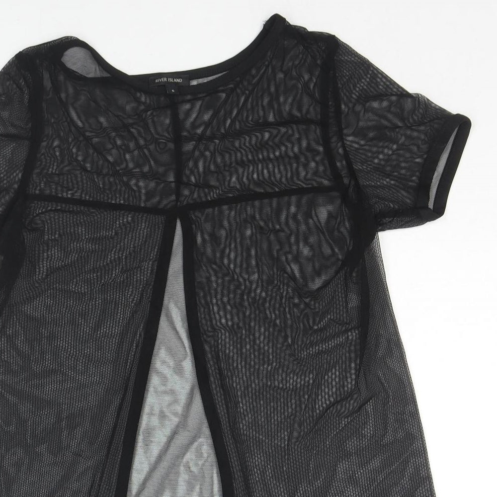 River Island Womens Black Polyester Basic T-Shirt Size 6 Round Neck - Cut Out Back Detail Sheer
