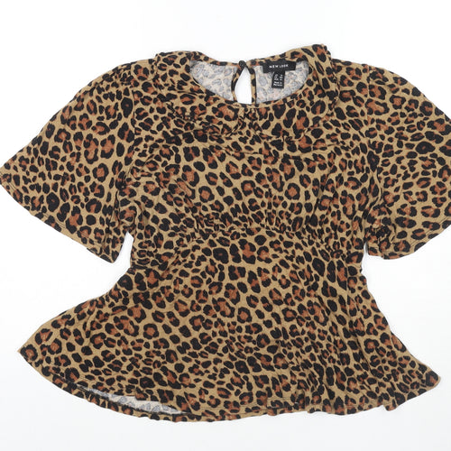 New Look Womens Beige Animal Print Viscose Basic Blouse Size 16 Collared - Leopard Print