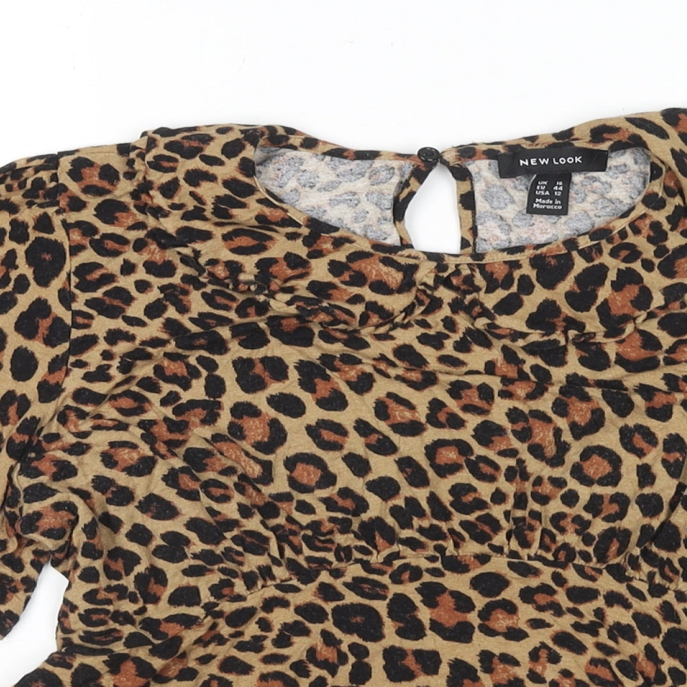 New Look Womens Beige Animal Print Viscose Basic Blouse Size 16 Collared - Leopard Print
