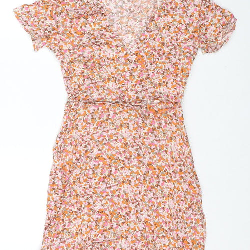 Glassons Womens Orange Floral Viscose Mini Size 8 V-Neck Zip