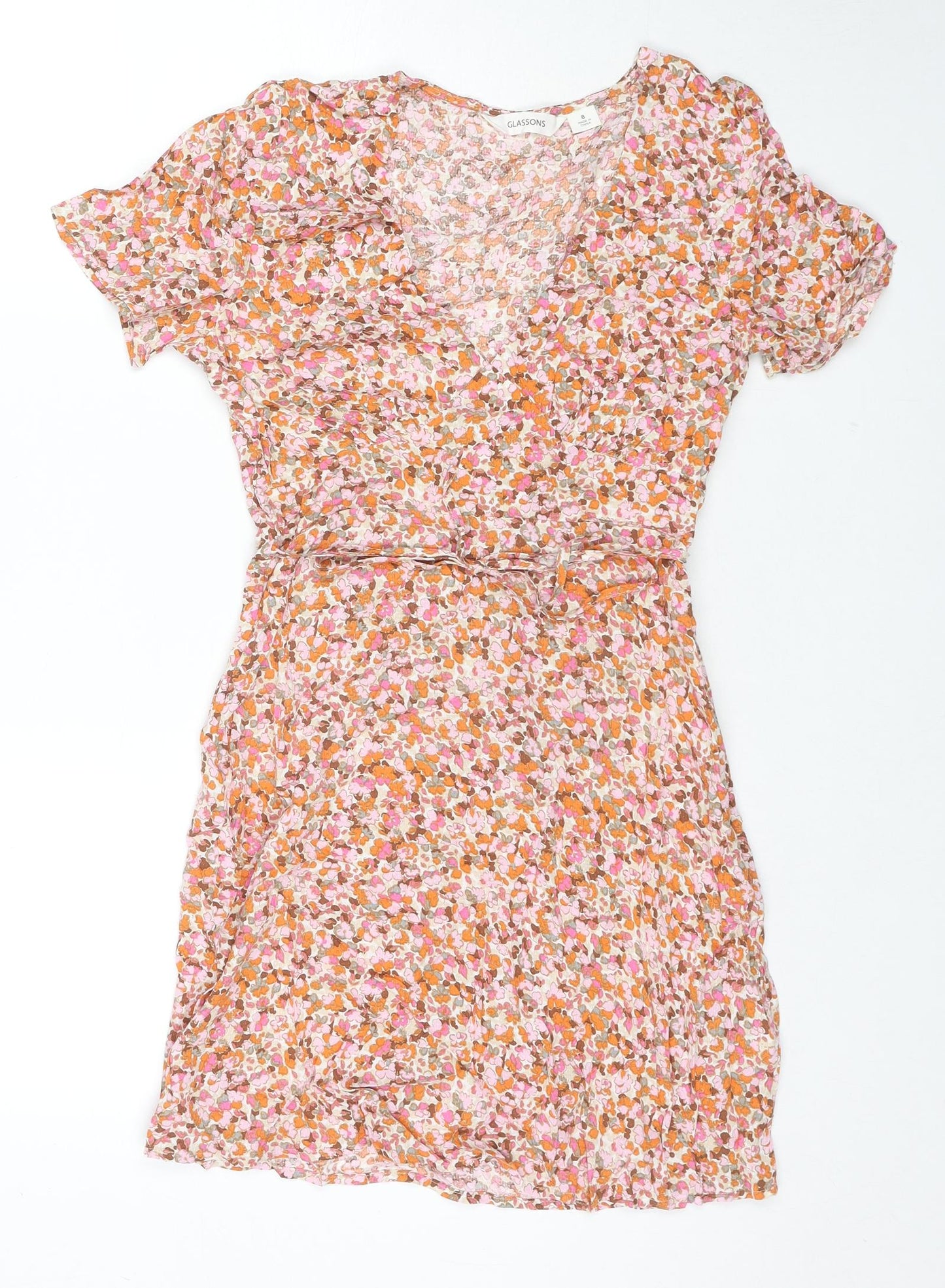 Glassons Womens Orange Floral Viscose Mini Size 8 V-Neck Zip