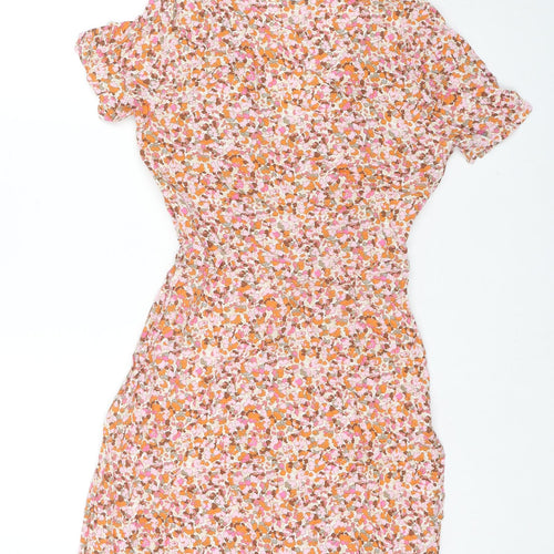 Glassons Womens Orange Floral Viscose Mini Size 8 V-Neck Zip