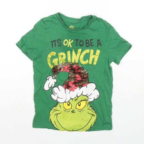 The Grinch Boys Green Cotton Basic T-Shirt Size 5-6 Years Round Neck Pullover - Is It Ok To Be A Grinch Sequin Detail