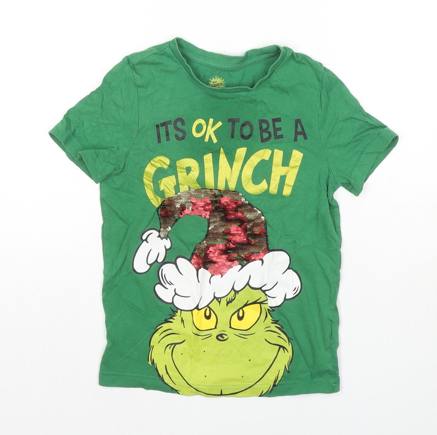 The Grinch Boys Green Cotton Basic T-Shirt Size 5-6 Years Round Neck Pullover - Is It Ok To Be A Grinch Sequin Detail