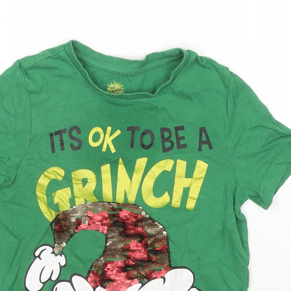 The Grinch Boys Green Cotton Basic T-Shirt Size 5-6 Years Round Neck Pullover - Is It Ok To Be A Grinch Sequin Detail