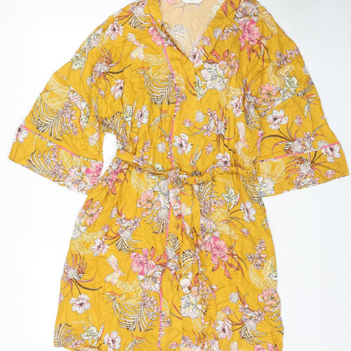 Marks and Spencer Womens Yellow Floral Viscose Kimono Gown Size M Tie