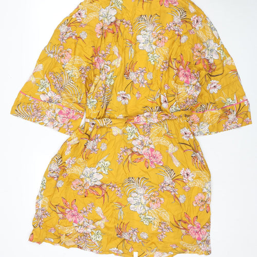 Marks and Spencer Womens Yellow Floral Viscose Kimono Gown Size M Tie