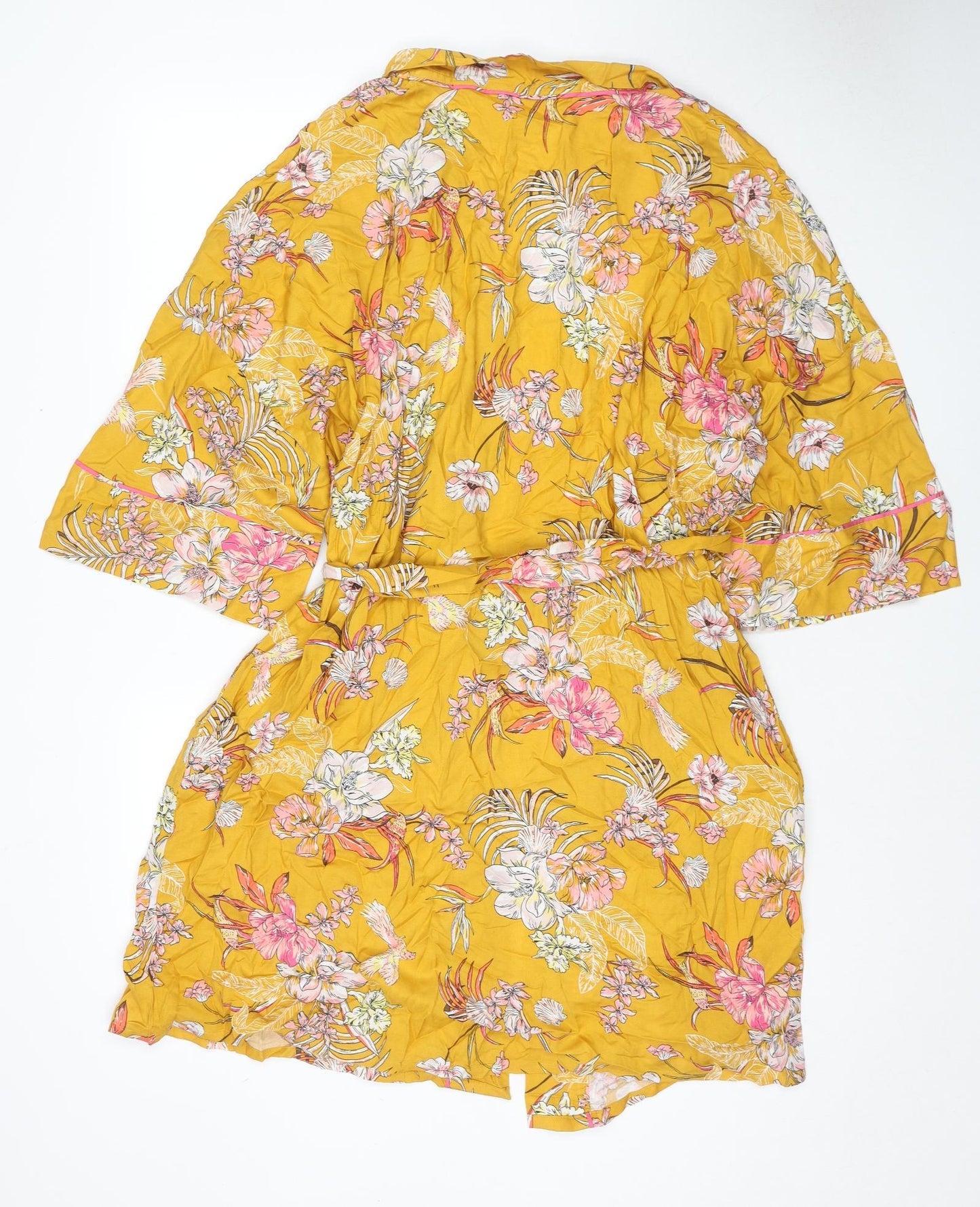 Marks and Spencer Womens Yellow Floral Viscose Kimono Gown Size M Tie
