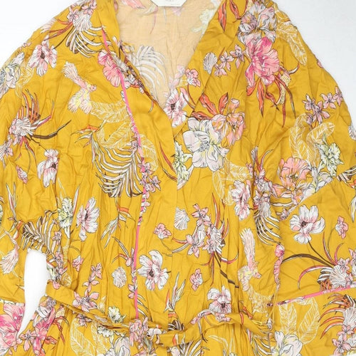 Marks and Spencer Womens Yellow Floral Viscose Kimono Gown Size M Tie