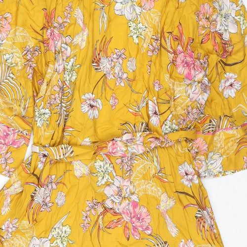 Marks and Spencer Womens Yellow Floral Viscose Kimono Gown Size M Tie