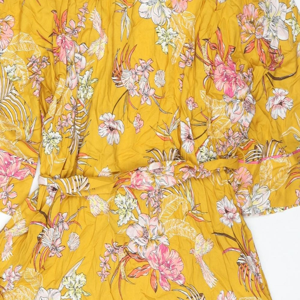 Marks and Spencer Womens Yellow Floral Viscose Kimono Gown Size M Tie