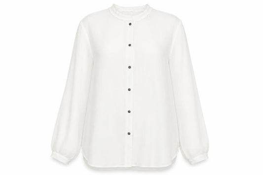 Front view of Mango women’s white polyester basic button-up, size M, round neck