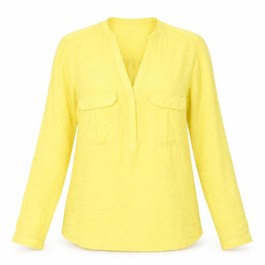 Front view of Zara women’s yellow polyester basic button-up, size XS, v-neck