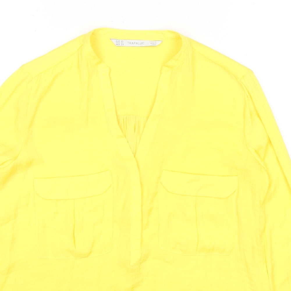 Zara Womens Yellow Polyester Basic Button-Up Size XS V-Neck