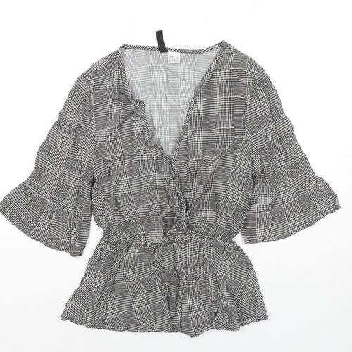 H&M Womens Black Check Viscose Basic Blouse Size 8 V-Neck