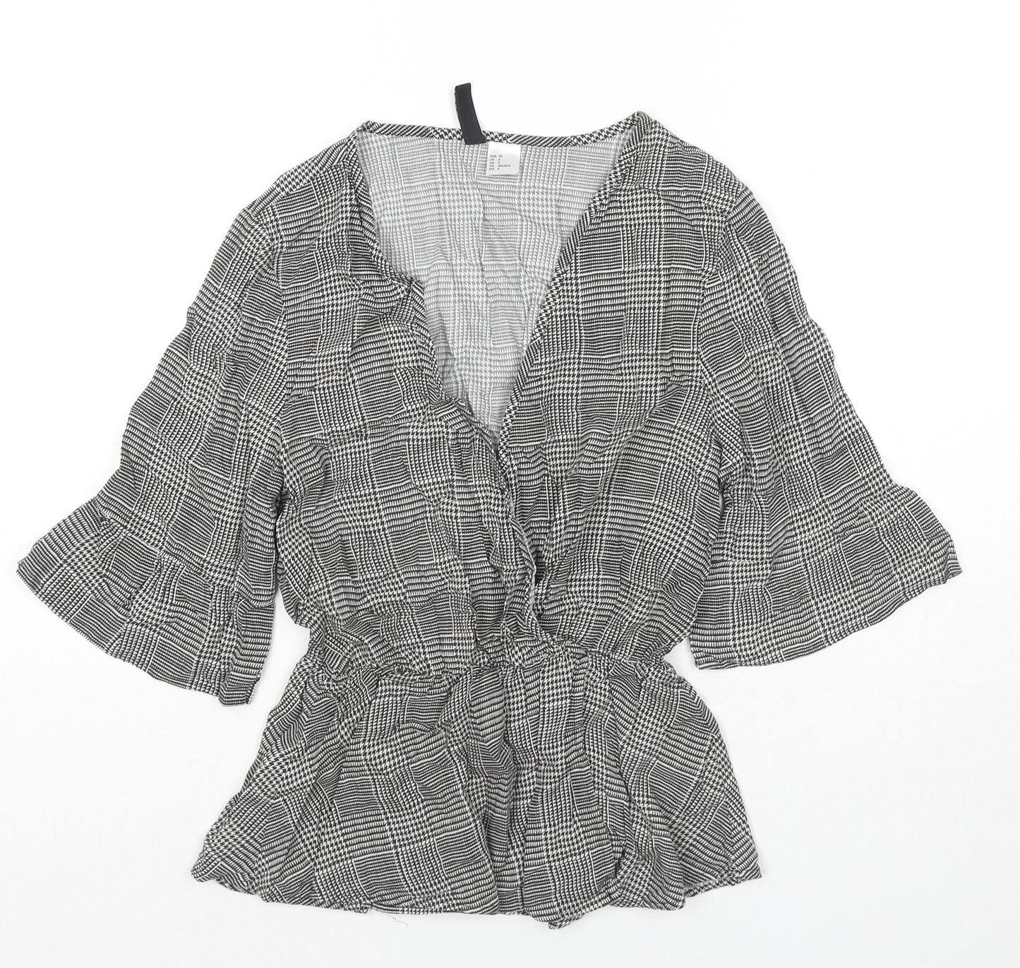 H&M Womens Black Check Viscose Basic Blouse Size 8 V-Neck