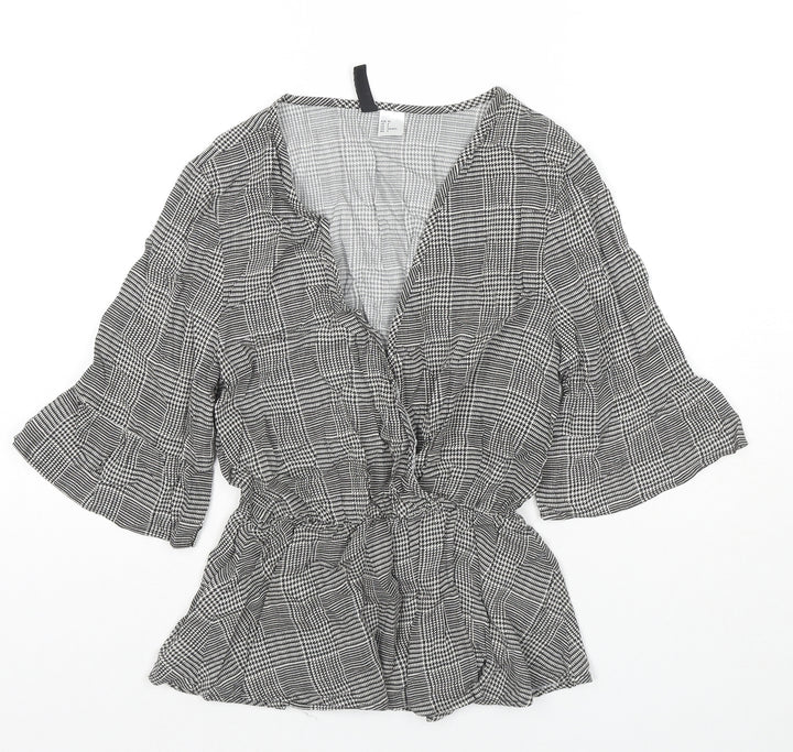 H&M Womens Black Check Viscose Basic Blouse Size 8 V-Neck