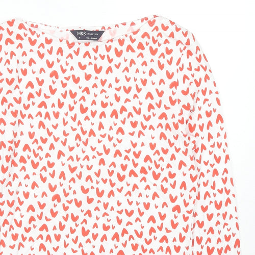 Marks and Spencer Womens Multicoloured Geometric Cotton Basic T-Shirt Size 8 Boat Neck - Hearts