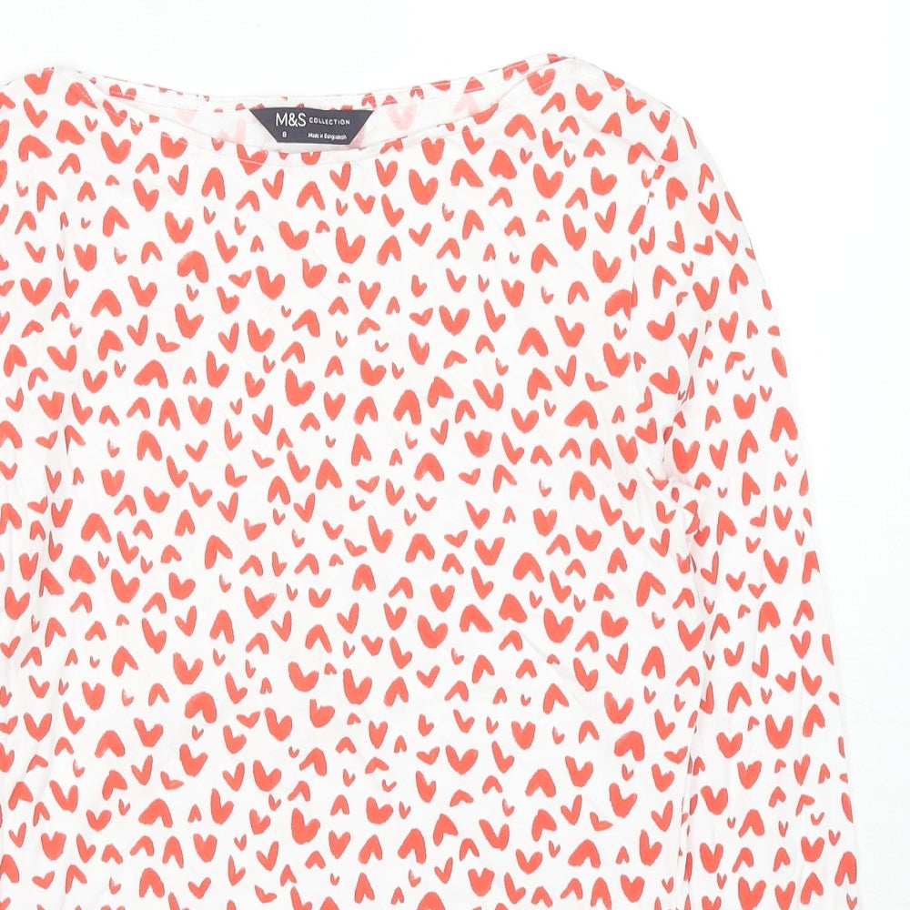 Marks and Spencer Womens Multicoloured Geometric Cotton Basic T-Shirt Size 8 Boat Neck - Hearts