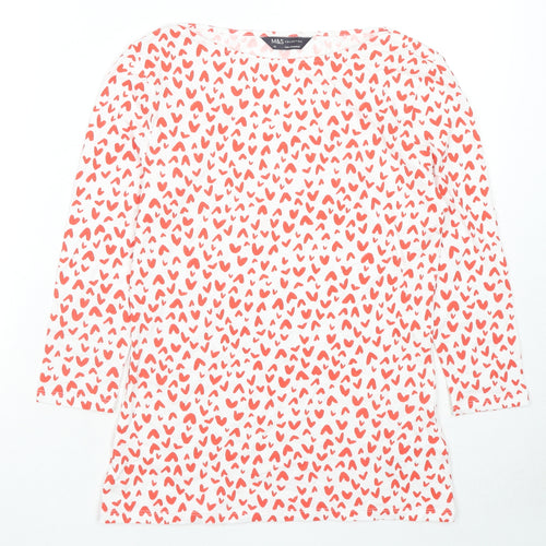 Marks and Spencer Womens White Geometric Cotton Basic T-Shirt Size 10 Boat Neck - Hearts