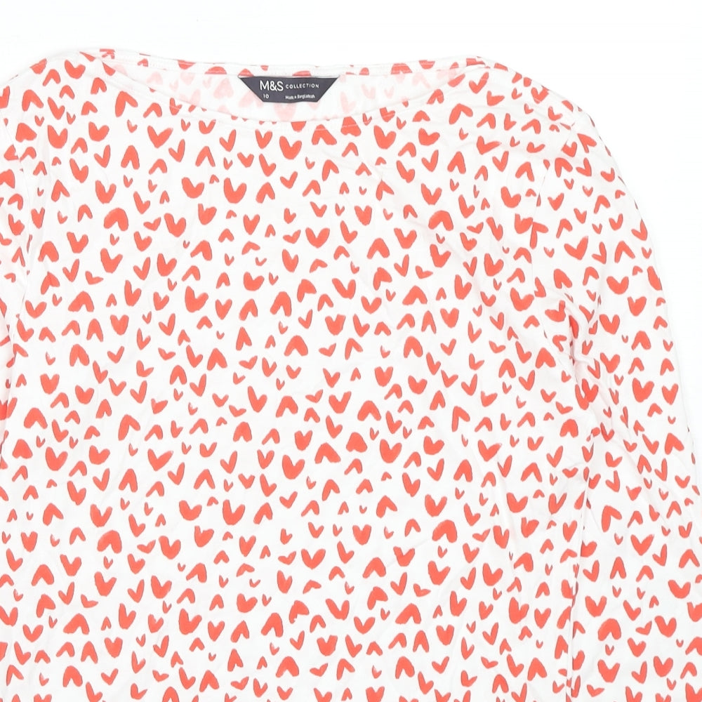 Marks and Spencer Womens White Geometric Cotton Basic T-Shirt Size 10 Boat Neck - Hearts