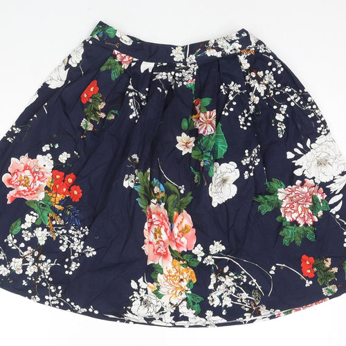 Grace Karin Womens Blue Floral Cotton A-Line Skirt Size S Zip